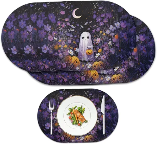 Miniatura 59 de Pumpkin Placemats Set of 4 Ghost Non Slip Washable Heat Resistant Place Mats 12x18 Inch Round Tablemats for Dining Kitchen Party Daily Table Decor