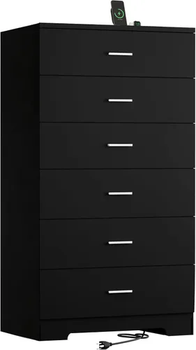 Miniatura 9 de Cómoda de 48" de alto para dormitorio, cómoda de madera con 6 cajones con tomas de corriente, cómoda con gran espacio de almacenamiento y asas