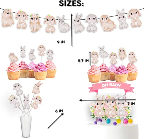 Miniatura 3 de Juego de decoraciones de fiesta de conejo: suministros de cumpleaños con pancarta, adornos para cupcakes, decoración para pasteles y centros de mesa