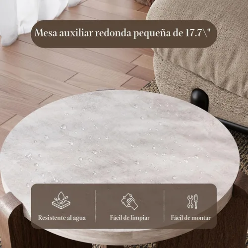 Miniatura 6 de COSIEST - Juego de mesa auxiliar redonda moderna y mesa auxiliar, tapa de madera con aspecto de mármol falso, patas de nogal y crema blanca, mesa