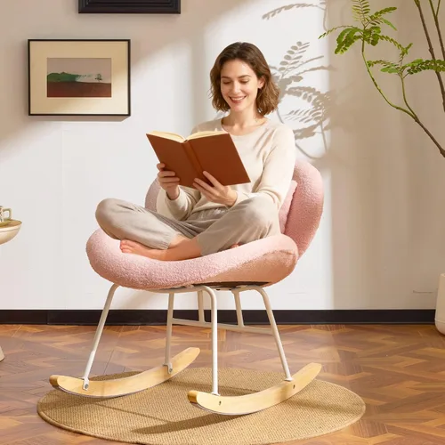 Miniatura 14 de VINGLI Silla mecedora de guardería extra ancha de 25.6" de 115° sin brazos, silla deslizante curvada linda con patas en X con almohada y madera