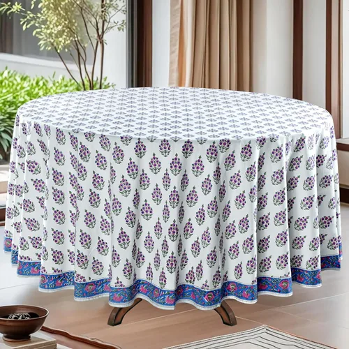 Miniatura 32 de Ridhi Mantel redondo de algodón reutilizable con estampado de bloque a mano, color verde espárragos, 60 pulgadas, mantel decorativo para uso diario