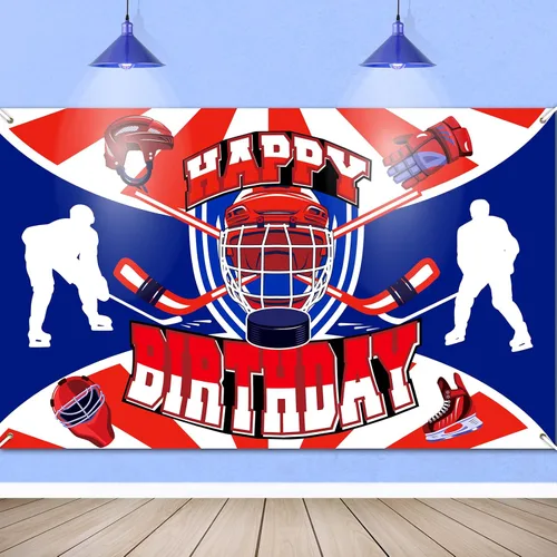 Cartel de decoración de cumpleaños de hockey, tema deportivo de hockey sobre hielo, color azul y rojo, feliz cumpleaños, hockey de invierno, fiesta