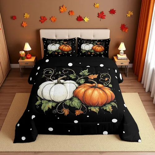 Miniatura 36 de Erosebridal Juego de edredón individual de pavo de Acción de Gracias, juego de ropa de cama de calabaza con hojas de otoño para niños y adultos