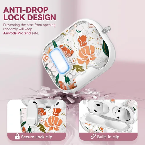 Miniatura 4 de con bloqueo de seguridad para funda de AirPods Pro 2ª 1ª generación, funda transparente floral linda para AirPods Pro 2 con soporte para teléfono