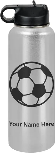 Miniatura 16 de LaserGram Botella de agua personalizada, pelota de fútbol, acero inoxidable de doble pared aislada al vacío con popote superior, regalo grabado