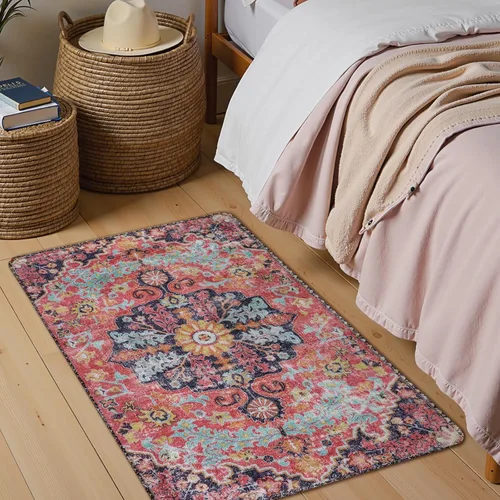 Miniatura 3 de Lahome Alfombra Floral Bohemio Medaillon - 2x3 Pequeña Alfombra de Baño Rosa Caliente, Alfombra de Cocina, Lavable a Máquina, Antideslizante, Suave