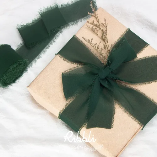 Miniatura 3 de Ribbli - Cinta de gasa de seda de chifón verde bosque, de 1.5 pulgadas x 30 yardas - Hecha a mano, con flecos, para invitaciones de boda, envolver