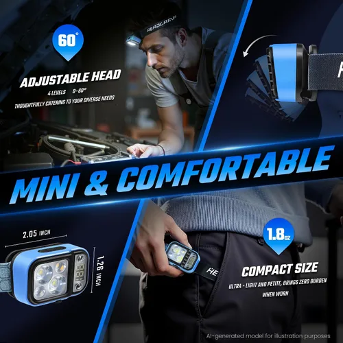 Miniatura 5 de DARKDAWN Linterna LED recargable, 5 modos USB C diadema linterna con sensor de movimiento, pantalla de alimentación digital, ajustable arriba/abajo