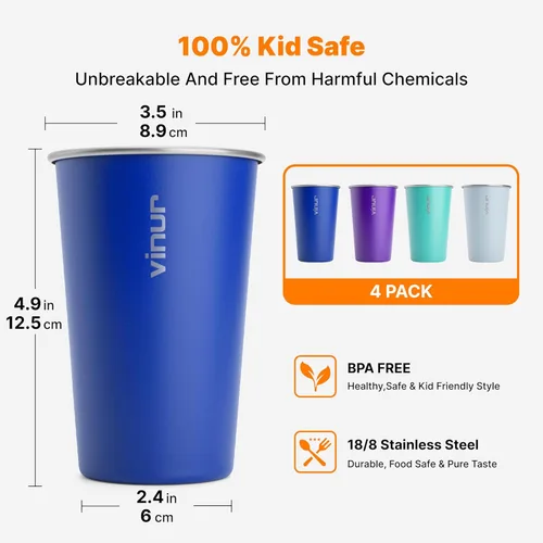 Miniatura 2 de VINUR Paquete de 4 vasos de acero inoxidable de 16 onzas, vasos apilables de metal para viajes, campamento, exteriores