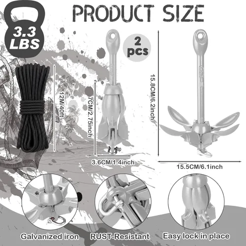 Miniatura 2 de Lounsweer Paquete de 2 anclajes de kayak marino de 1.5/3.5 libras, kit de anclaje plegable para barco, kayak, pesca, accesorios para botes pequeños