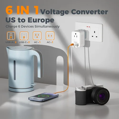 Miniatura 4 de TESSAN - Convertidor de voltaje compacto de 220 V a 110 V de EE. UU. a Europa, adaptador de viaje universal con 2 salidas de CA y 2 USB (1 USB-C)