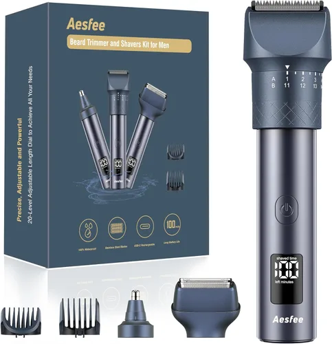 Aesfee - Juego de recortadora de barba profesional 3 en 1 y cortadora de pelo para hombres, resistente al agua IPX7, kit de afeitadora eléctrica y