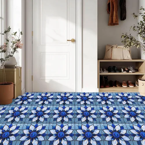 Miniatura 5 de IVN 10 piezas azulejos de suelo de 12x12 pulgadas de vidrio manchado azul con patrón de flores, despegar y pegar, removibles, pegatinas de vinilo