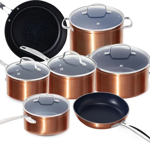 Miniatura 26 de Nuwave - Juego de 12 utensilios de cocina forjados y ligeros, revestimiento ultra antiadherente de cerámica Duralon G10 saludable, tapas de vidrio