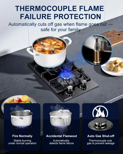 Miniatura 7 de Placa de cocina de gas de 12 pulgadas, estufa de gas de 2 quemadores, instalación integrada o de encimera, vidrio templado negro, convertible a