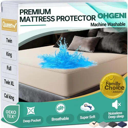 OhGeni Protector de colchón 100% impermeable, tamaño Queen Beige, sábana bajera con bolsillos profundos, 6''-18'', material suave transpirable sin