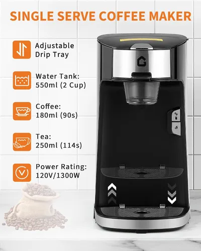 Miniatura 4 de Garvee Cafetera de una sola porción, cafetera pequeña de una sola taza con tanque de agua de 18.6 onzas para cápsula, molido y té, cafetera portátil
