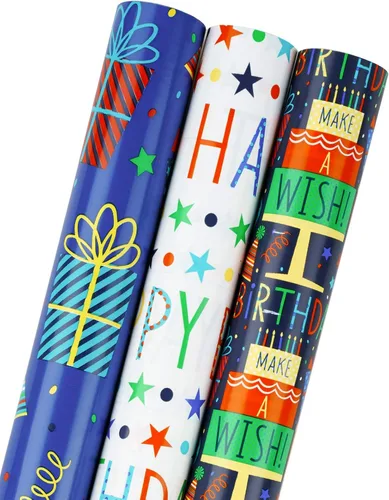 Miniatura 20 de MAYPLUSS rollo de papel de regalo para cumpleaños - mini rollo - 17 pulgadas x 120 pulgadas por rollo - tiras de globo rojo, letras de feliz Feliz