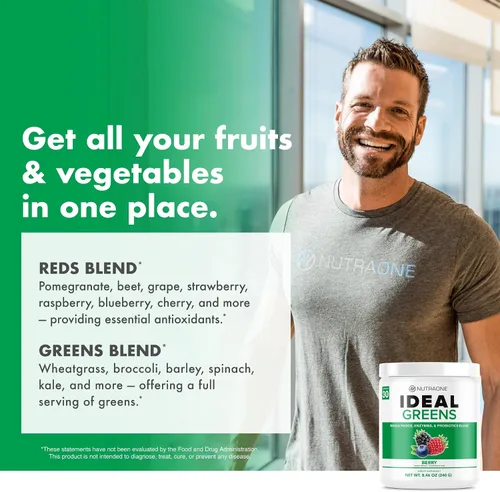 Miniatura 7 de NutraOne Ideal Greens Suplemento en polvo de verduras antioxidantes y ricos en nutrientes (baya natural - 30 porciones)