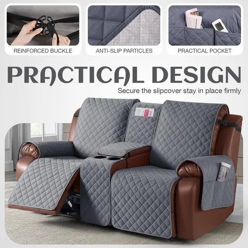 Miniatura 4 de KinCam Funda 100% impermeable para sofá biplaza reclinable con consola, fundas antideslizantes para sofá reclinable de 2 asientos, funda protectora