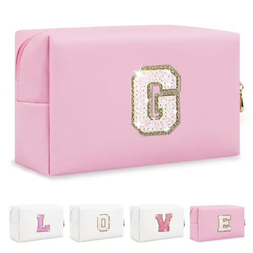 Miniatura 96 de Pequeña bolsa de maquillaje personalizada con inicial A-Z Preppy Patch, bolsa de cosméticos de viaje de felpilla blanca con cremallera, bonita bolsa