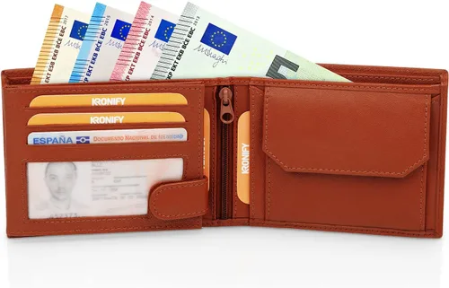 Miniatura 4 de KRONIFY Men's Leather Wallet RFID Blocking Bifold Trifold Wallet Landscape Format Coin Pocket 13 Card Slots Reinforced Seam Gift Box Included