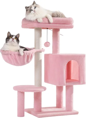 Miniatura 7 de Árbol pequeño para gatos beige torre para gatos con poste rascador de 32 pulgadas con casa condominio para gatos, hamaca acogedora y cama superior