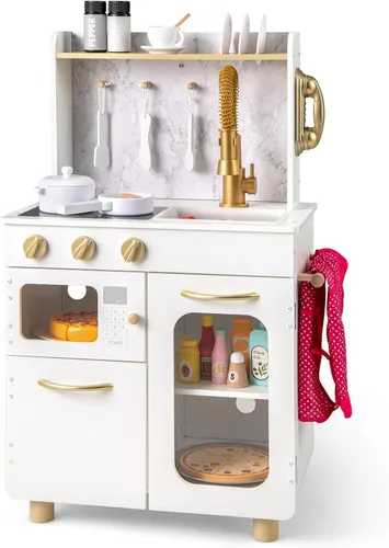 Miniatura 9 de INFANS Juego de cocina para niños, juego de cocina de madera para niños pequeños con estufa de teléfono, gabinete de almacenamiento de microondas