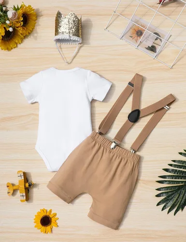 Miniatura 5 de DONWEN Conjunto de ropa de medio cumpleaños para bebé niño 12 Way to One con corbatín y tirantes cortos