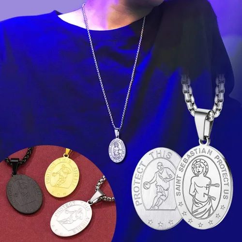 Miniatura 9 de FaithHeart Collar de San Sebastián, patrón de acero inoxidable, santo de atletas, medallón protector cristiano para béisbol, fútbol, baloncesto