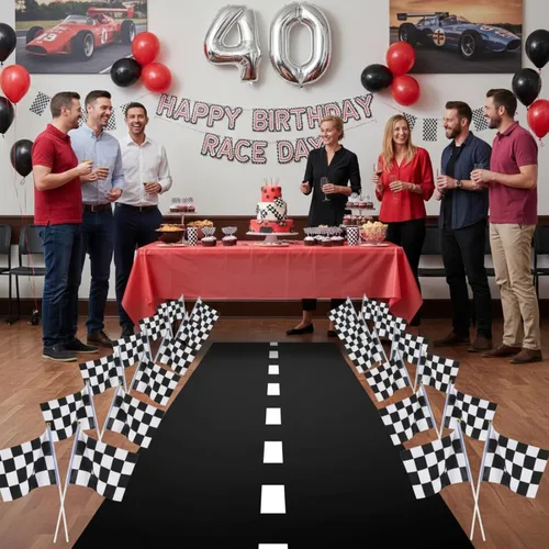 Miniatura 2 de Honoson Decoraciones de fiesta de cumpleaños de coche de carreras, 12 unidades, banderas a cuadros de carreras en blanco y negro con tapete de piso