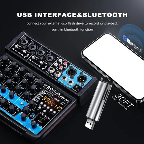 Miniatura 2 de BOMGE Consola mezcladora de sonido mini DJ Audio de 6 canales con interfaz USB, Bluetooth, grabación estéreo, alimentación fantasma de 48V, 99