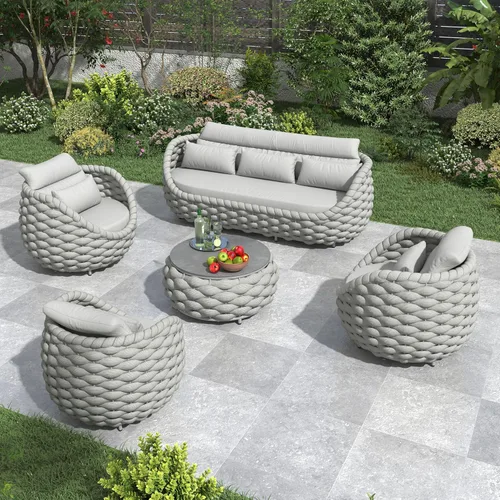 Miniatura 15 de Juego de muebles de patio de cuerda de 4 piezas: conjunto de sofás al aire libre de aluminio acolchado - sofá de conversación moderno ensamblado
