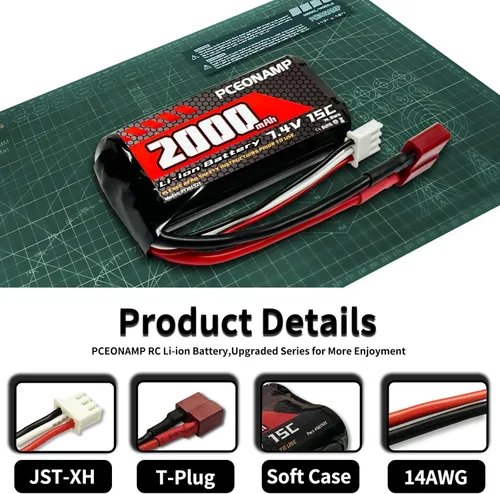 Miniatura 3 de Batería de iones de litio de 7.4V 2000mAh 2S con enchufe T, batería recargable RC compatible con autos RC 4WD de alta velocidad y la mayoría