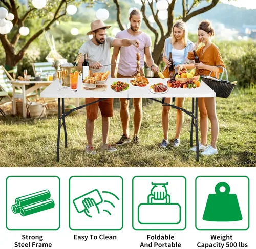 Miniatura 3 de Mesa plegable portátil de plástico de 6 pies y 71 pulgadas, parte superior resistente con asa de transporte, interior y exterior, patio, camping