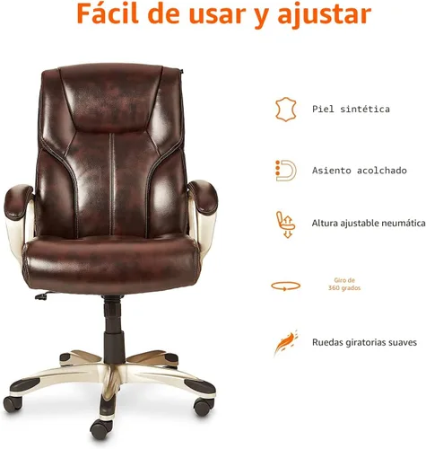 Miniatura 3 de Amazon Basics Silla ejecutiva de oficina con respaldo alto, altura ajustable, inclinación, giratorio, reposabrazos acolchados, marrón/dorado