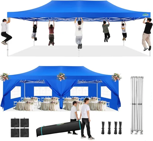 Miniatura 10 de COBIZI Toldo de 10 x 20 pies con paredes laterales, carpa de fiesta resistente para fiestas, bodas, tienda de campaña portátil plegable fácil