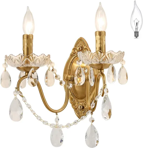 Miniatura 9 de Juego de 2 Apliques de Pared de Cristal, Apliques de Pared de Cristal, Apliques de Pared Vintage, Acabado de Latón Dorado con Gotas de Vidrio