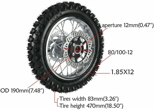 Miniatura 2 de 12" Ensamblaje de Llanta y Riel de Rueda Trasera 80/100-12 con Piñón y Rotor de Disco de Freno, Compatible con Motos de Pista de Barro