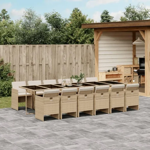 Miniatura 25 de 9 Piece Patio Dining Set with Cream Cushions Beige Poly Rattan Table and 8 Foldable Chairs for Backyard Garden Dining Beige/Wood/9 Piece
