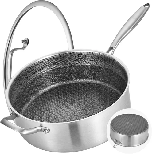 Miniatura 8 de LOLYKITCH Sartén Salteadora Híbrida Antiadherente Tri-Capa de Acero Inoxidable de 6 Cuartos con Tapa, Sartén para Freír Profunda de 12 Pulgadas