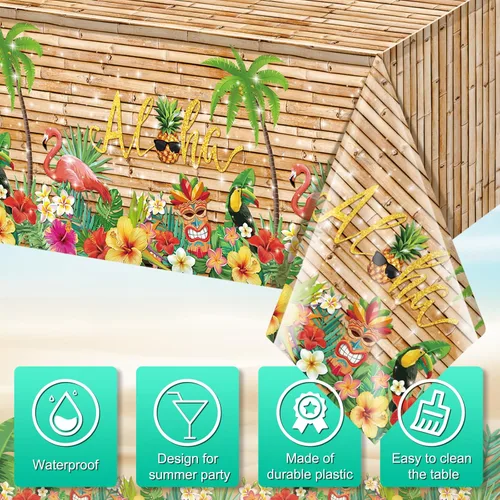 Miniatura 3 de Mantel hawaiano Luau de 3 piezas, mantel para fiesta de Tiki tropical, mantel rectangular desechable de plástico para Tiki Bar Tropical, verano