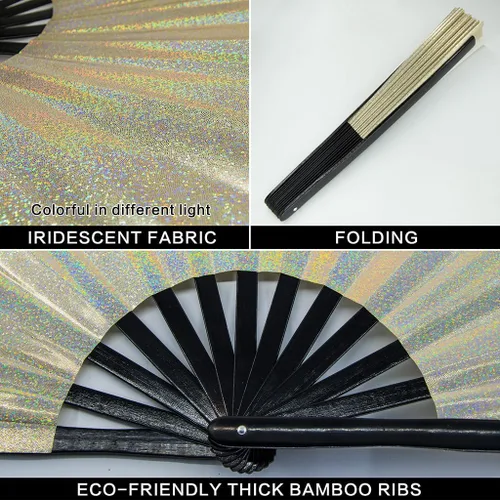Miniatura 3 de Ravevibes Ventilador de mano holográfico grande con purpurina de 13 pulgadas, plegable y iridiscente para festivales Edm Clack, plegable