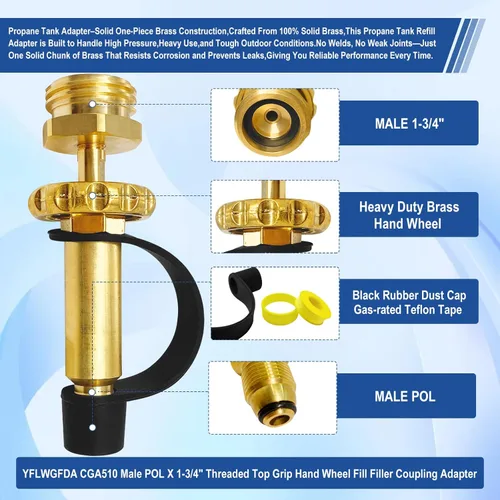Miniatura 4 de CGA510 Macho POL X 1-3/4" Empuñadura Superior Acme Mano Rueda de Llenado Adaptador de Acoplamiento de Relleno, Adaptador de Tanque de Propano