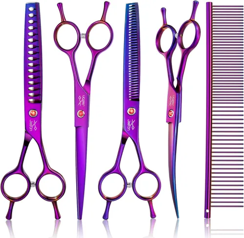 JASON Kit profesional de tijeras para perros 6 en 1: rectas, adelgazantes, chunker, tijeras curvadas y peine para cabello largo y corto y gato