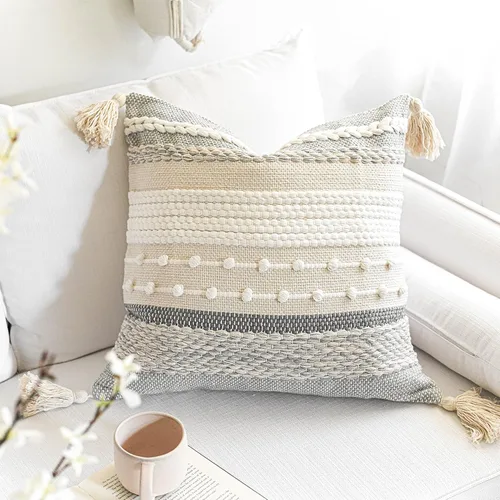 Miniatura 6 de BlissBlush Funda de almohada bohemia gris de 22 x 22 pulgadas, almohada decorativa gris para sofá, funda de almohada cuadrada tejida con textura