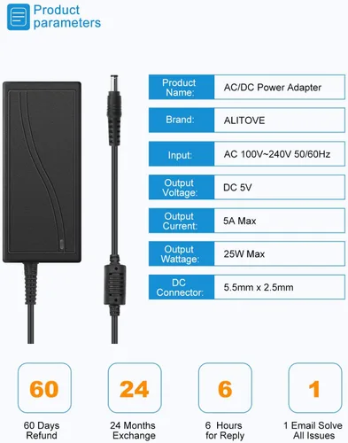 Miniatura 2 de ALITOVE 5V 5A Adaptador Convertidor de Fuente de Alimentación AC a DC 5.5x2.5mm Enchufe AC 100V~240V Entrada para Tira de Luz LED de Píxeles WS2812B