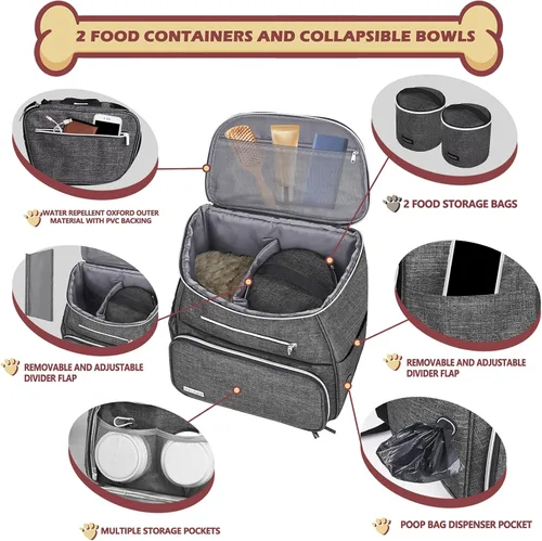 Miniatura 2 de BAGLHER Mochila de viaje para perros, mochila de suministros para mascotas aprobada por aerolíneas, mochila de viaje para perros con 2 cuencos Gris