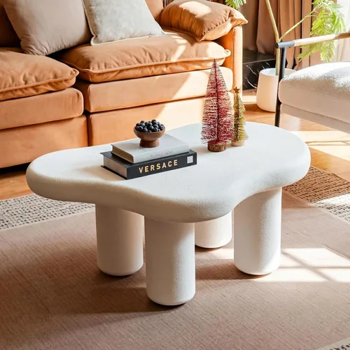 Miniatura 5 de Mesa de centro moderna de piedra, mesa de sala de estar, mesa con acabado texturizado de acento, mesa central de sofá para Blanco hueso